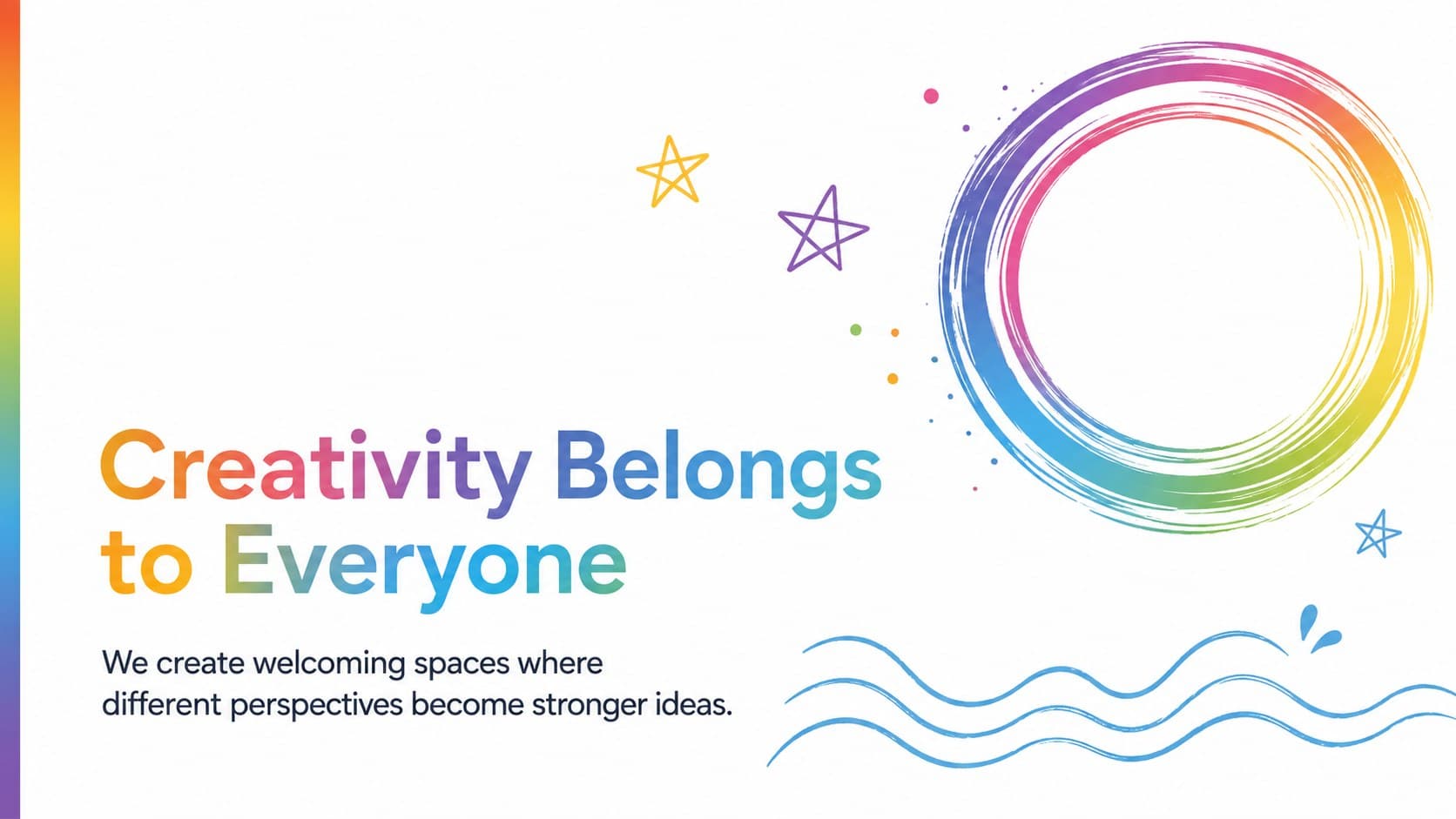 Mission statement slide from a rainbow-inspired PowerPoint layout featuring bold text and colorful linework.
