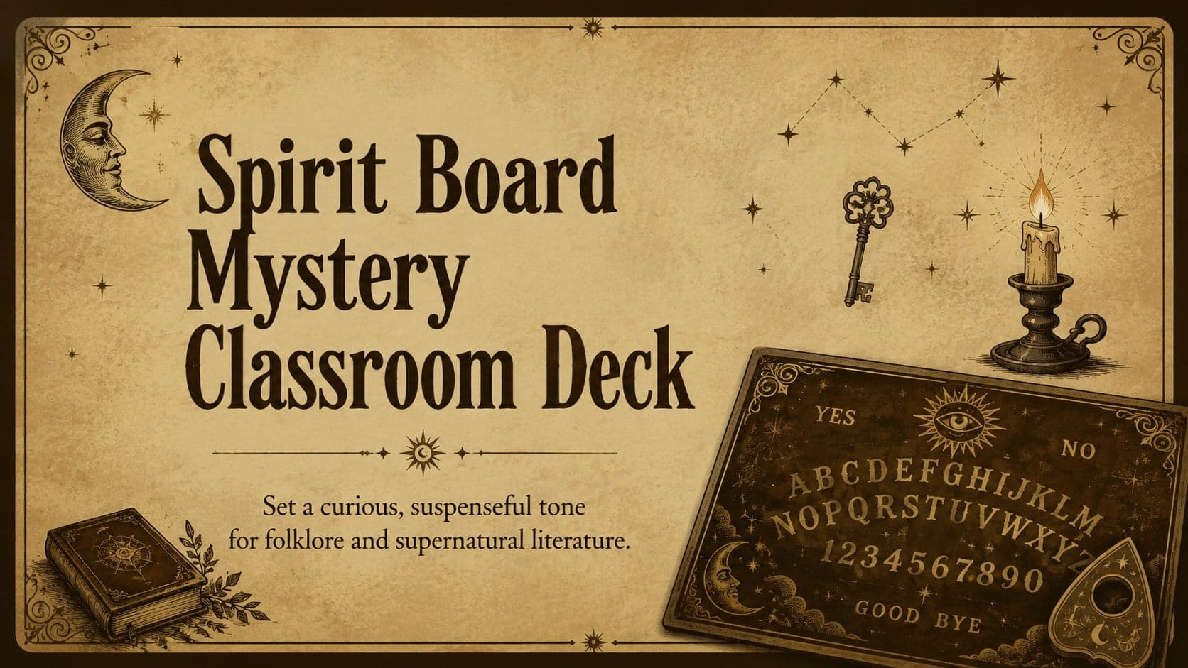 Cover of the Spirit Board Mystery Classroom Deck with vintage brown celestial illustrations and an academic Gothic title.