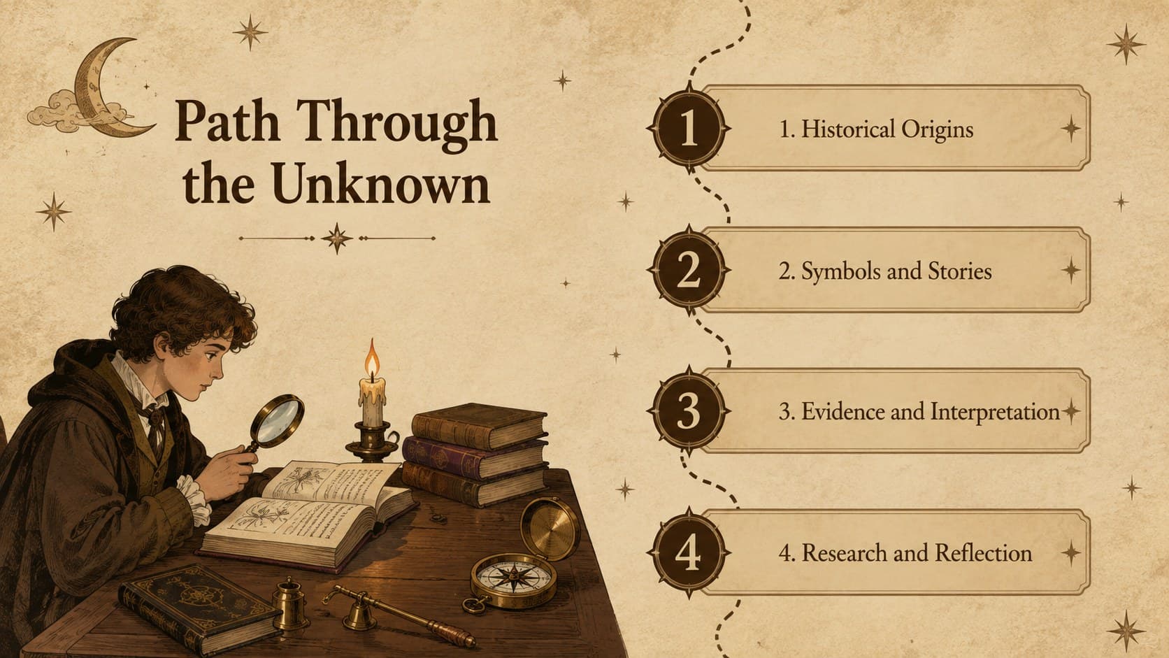 Brown Gothic lesson agenda slide outlining the main topics in a spirit board lesson presentation.