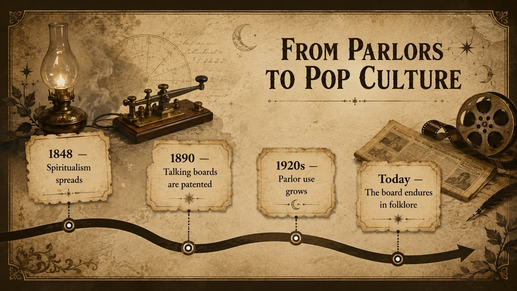 Vintage brown timeline slide tracing spirit boards from nineteenth-century spiritualism to modern folklore.