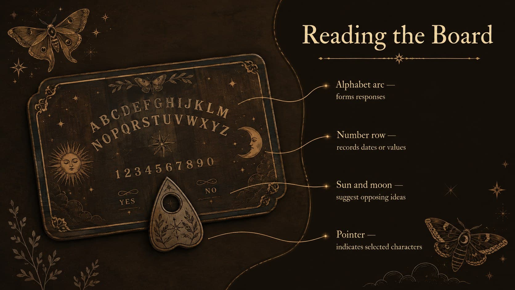 Annotated spirit board anatomy slide identifying letters, numbers, symbols, and the pointer in a brown illustrated layout.