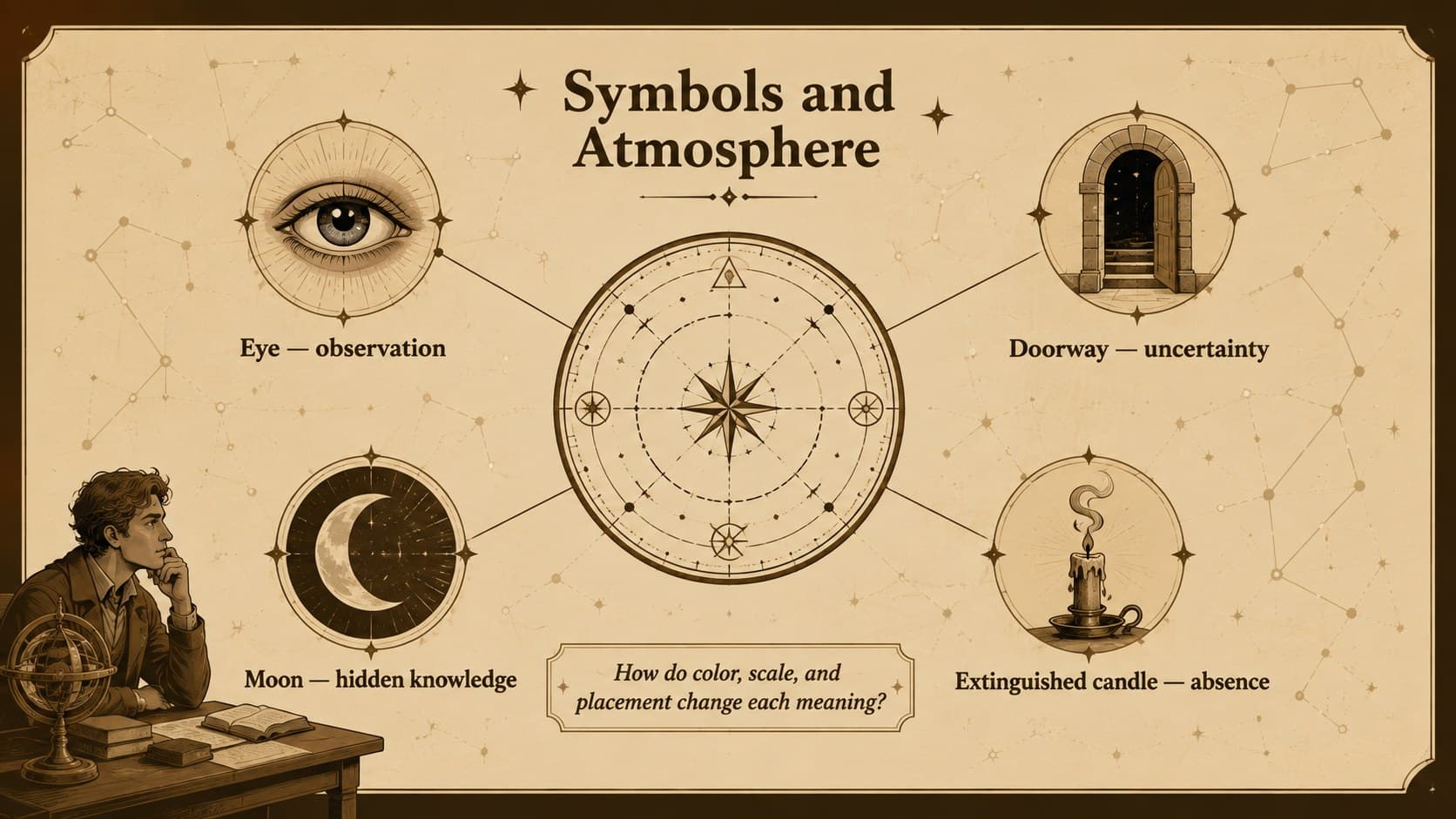 Brown occult-inspired symbolism slide explaining how visual elements create mystery and suspense.