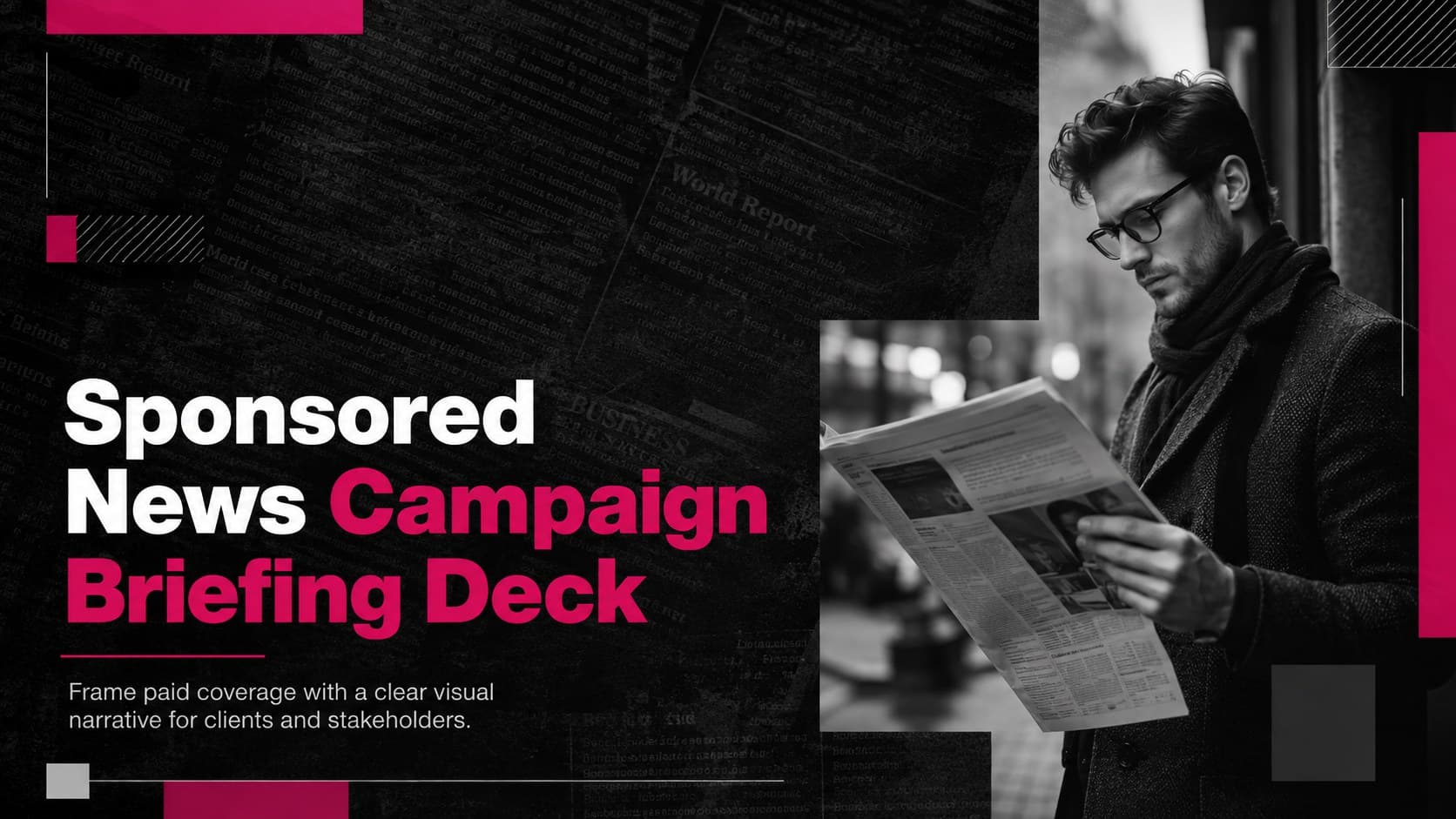 Cover for a sponsored news campaign briefing deck with bold pink typography and editorial photography on a dark background.