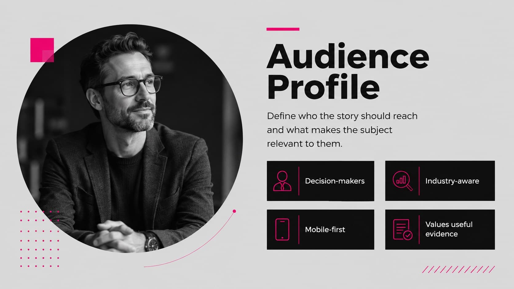 Target audience profile slide for a sponsored news campaign with demographics, interests, and media habits.