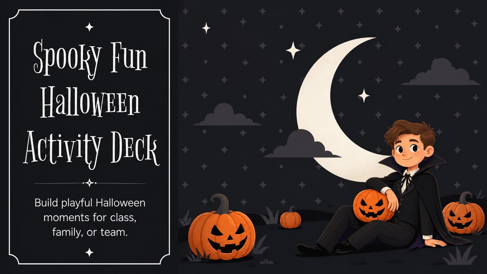 Colorful cover slide for a Halloween activity slide deck with playful spooky illustrations and a bold seasonal headline.
