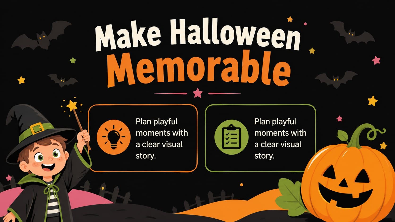Halloween activity introduction slide showing a bright pumpkin illustration beside a short event overview.
