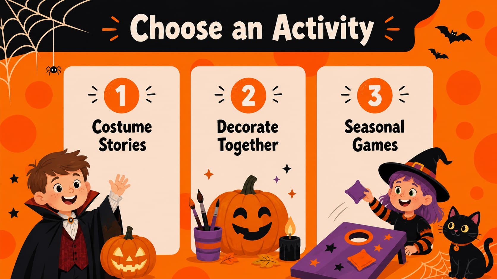 Halloween classroom presentation slide with three illustrated activity options and colorful spooky icons.