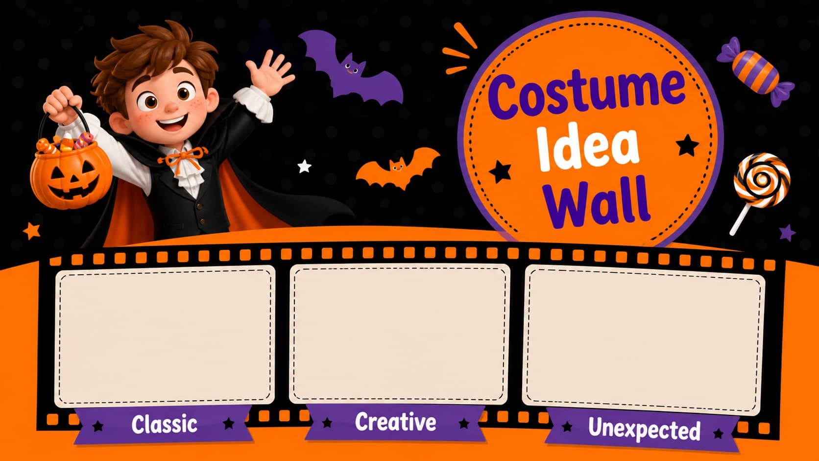 Editable Halloween party slides layout featuring costume photos, captions, and bright seasonal decorations.