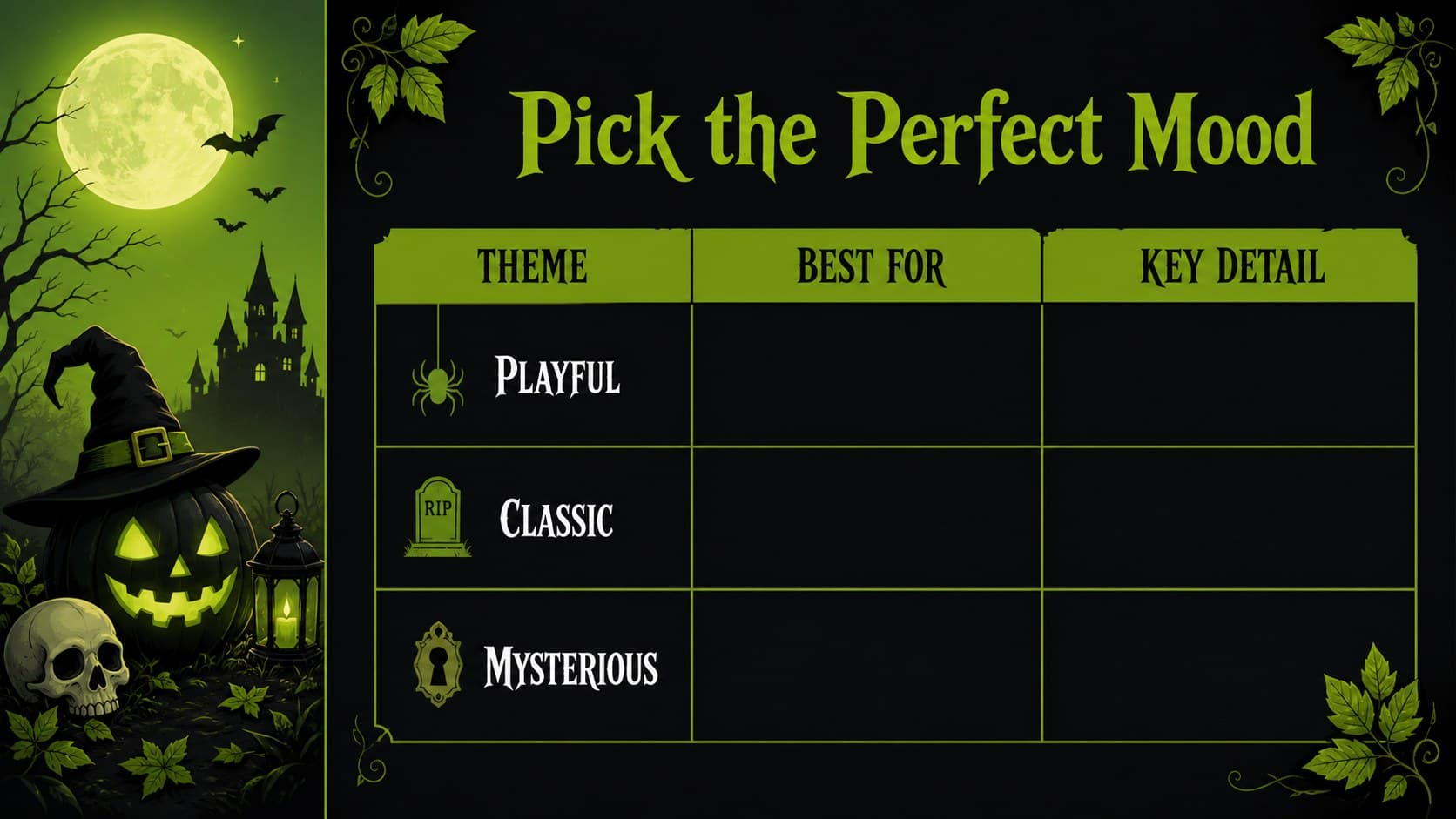 Spooky Halloween presentation slide comparing three party themes with colorful icons and concise descriptions.