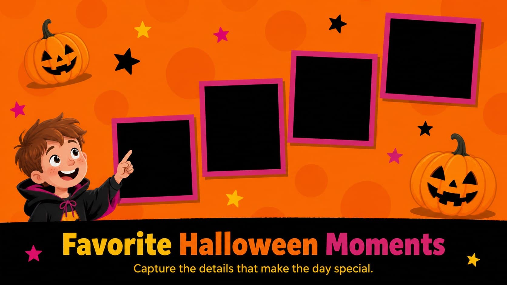 Halloween photo collage slide with a bold seasonal caption and colorful frames for family or classroom images.