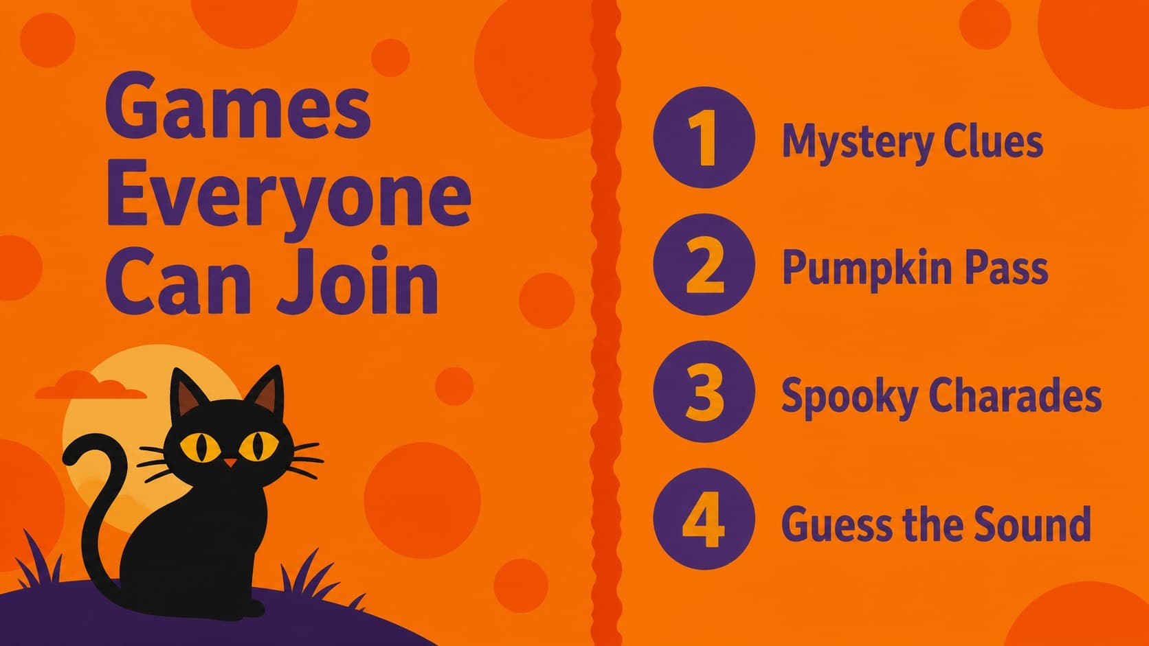Halloween games presentation slide displaying a colorful numbered list with playful spooky decorations.