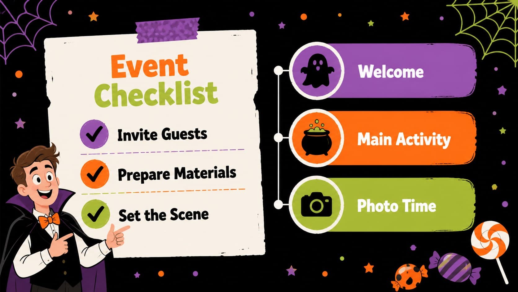 Halloween event planning slide with a simple checklist, schedule blocks, and colorful seasonal icons.