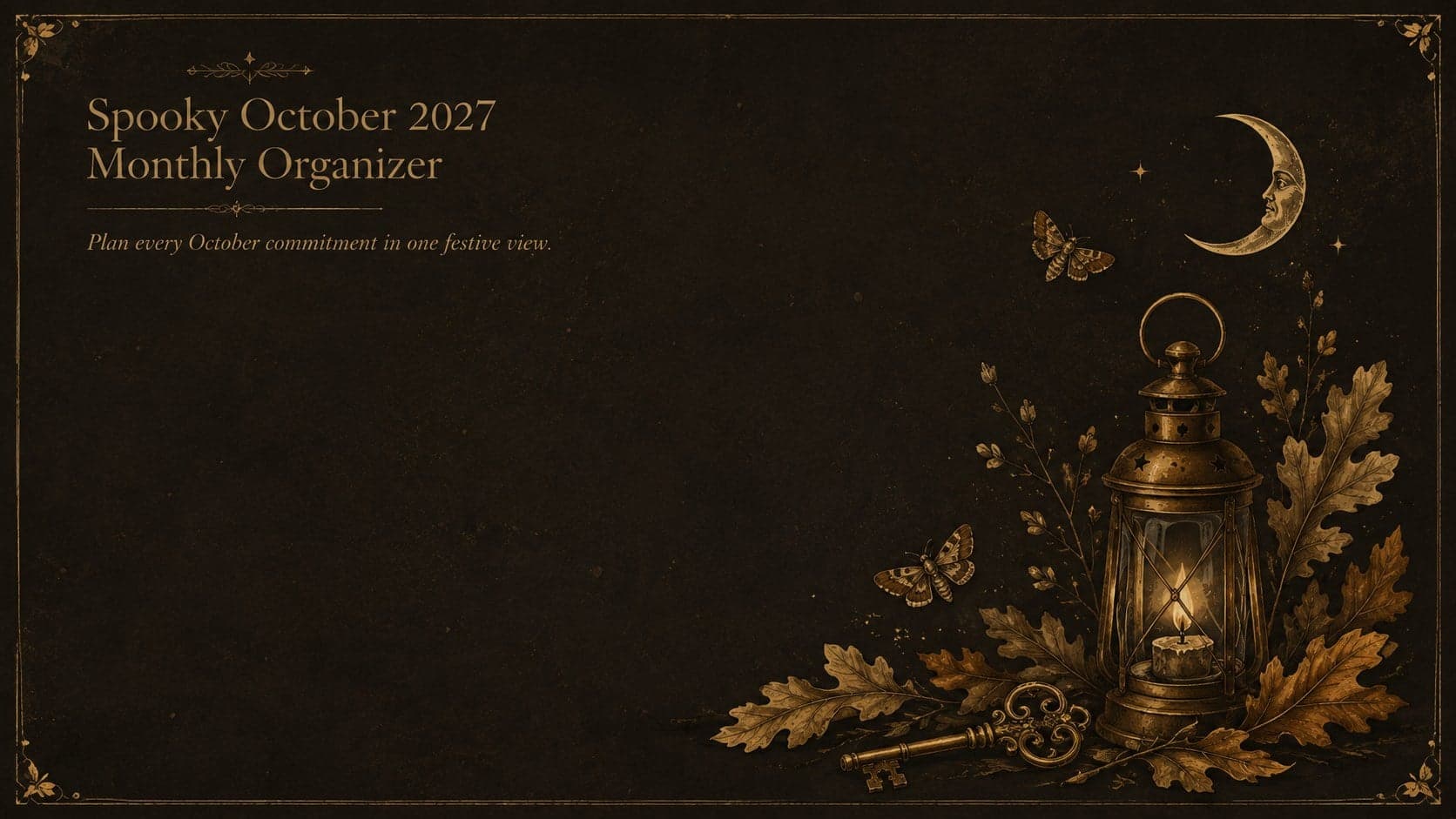 Cover for the Spooky October 2027 Monthly Organizer with elegant autumn doodles in brown, gold, and black.