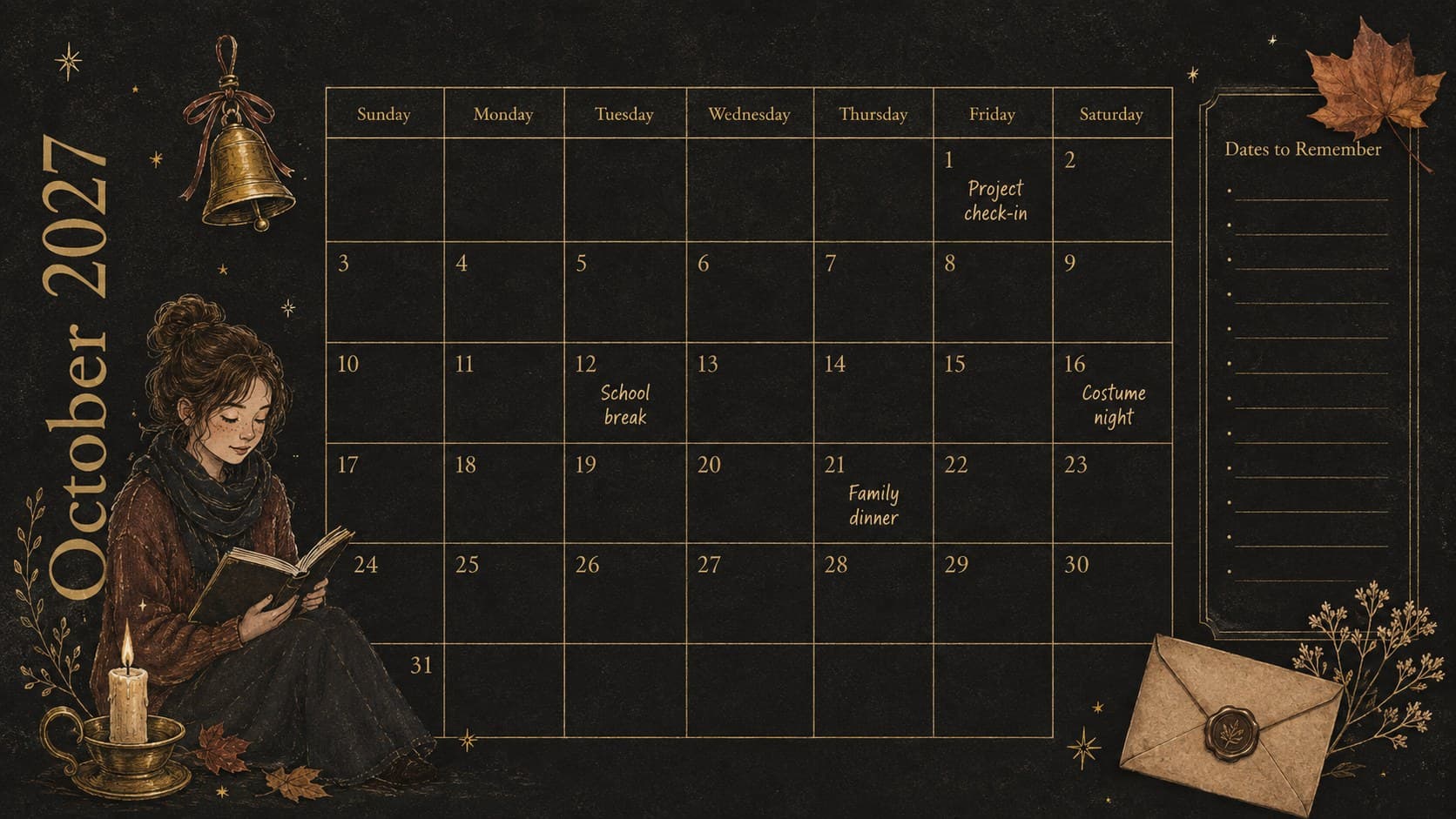 Editable October 2027 planner slide showing a spacious dated calendar grid with seasonal autumn accents.