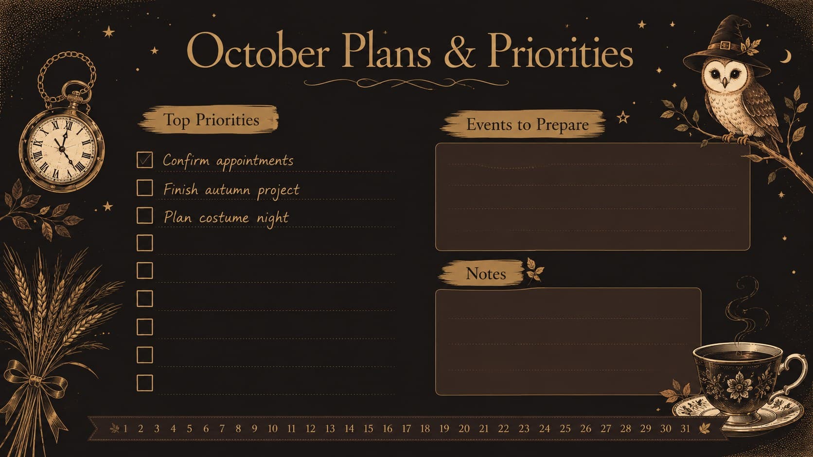 Halloween monthly calendar slides include a priorities and event-planning page with autumn illustrations and writing areas.