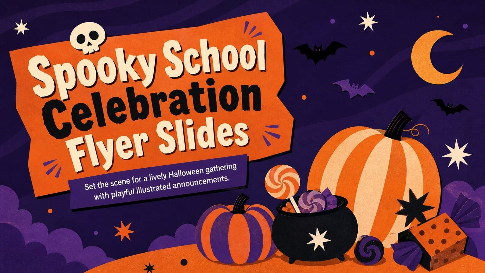 Cover for Spooky School Celebration Flyer Slides with playful purple-and-orange Halloween illustrations and bold event lettering.