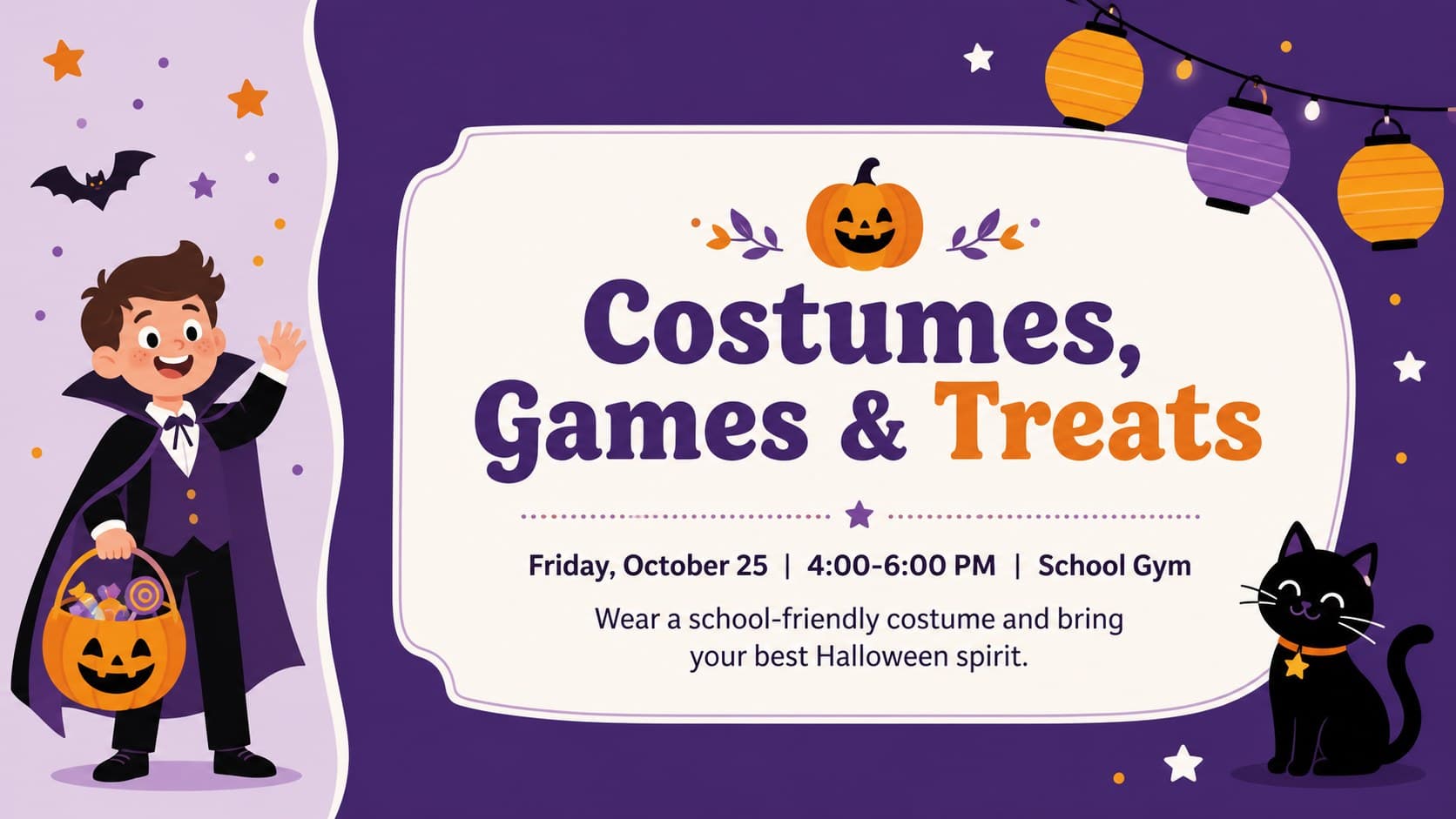 Editable school Halloween event flyer presentation showing date, time, location, and costume information.