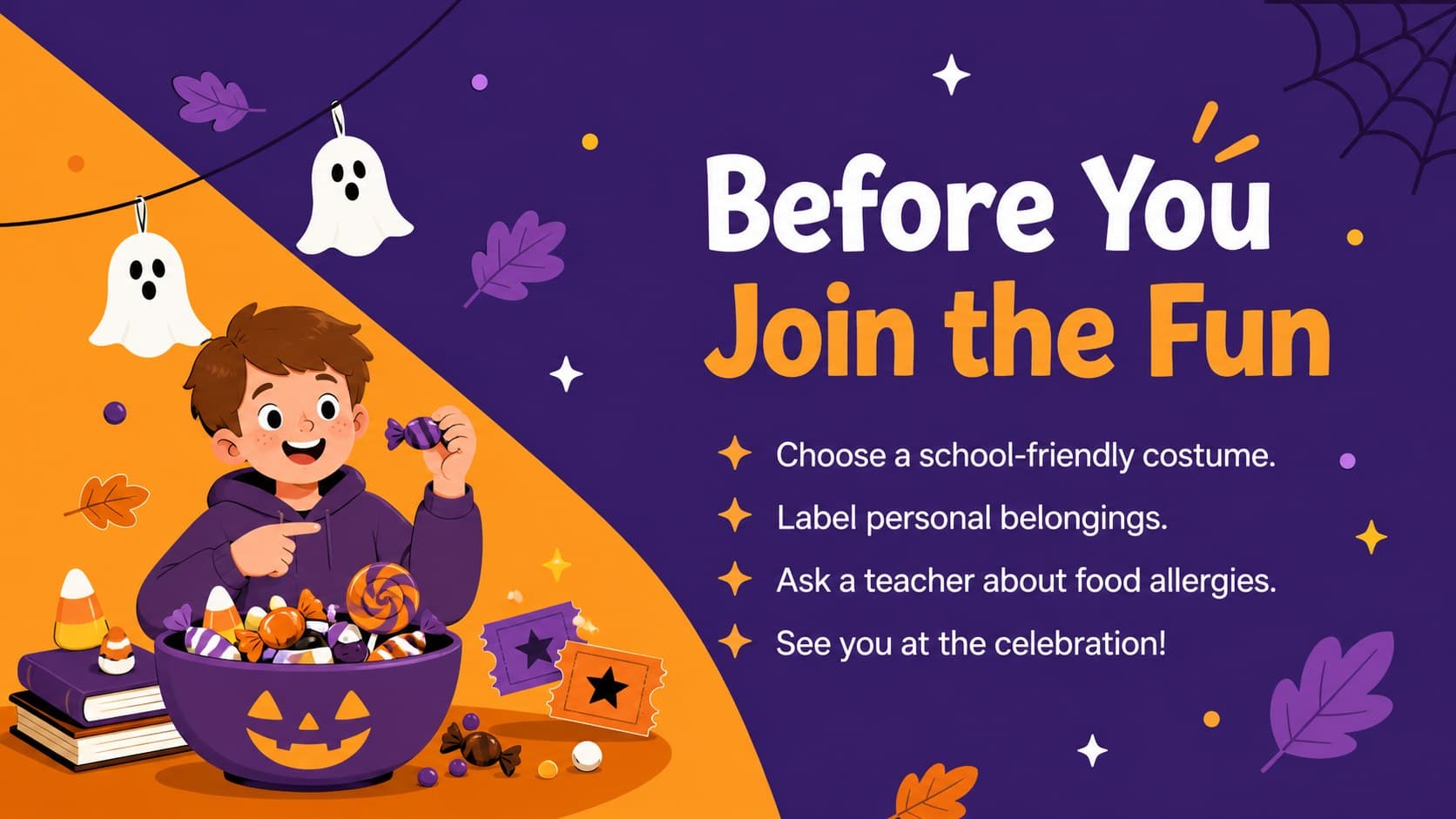 Purple-and-orange Halloween party announcement slide with student reminders and a festive closing message.