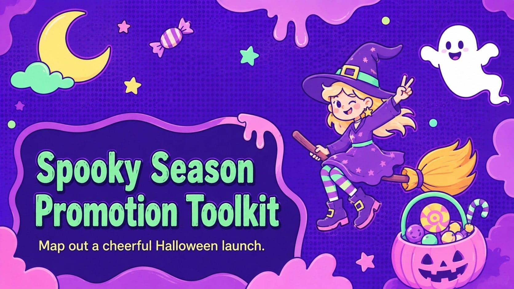 Pastel-neon cover for the Spooky Season Promotion Toolkit with playful Halloween decorations.