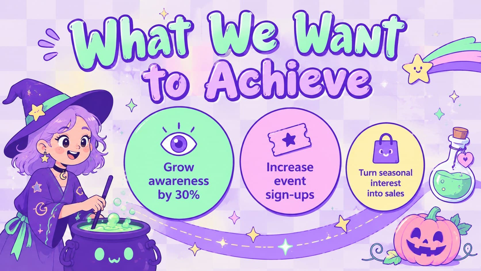 Pastel Halloween marketing goals slide with three measurable campaign objectives.