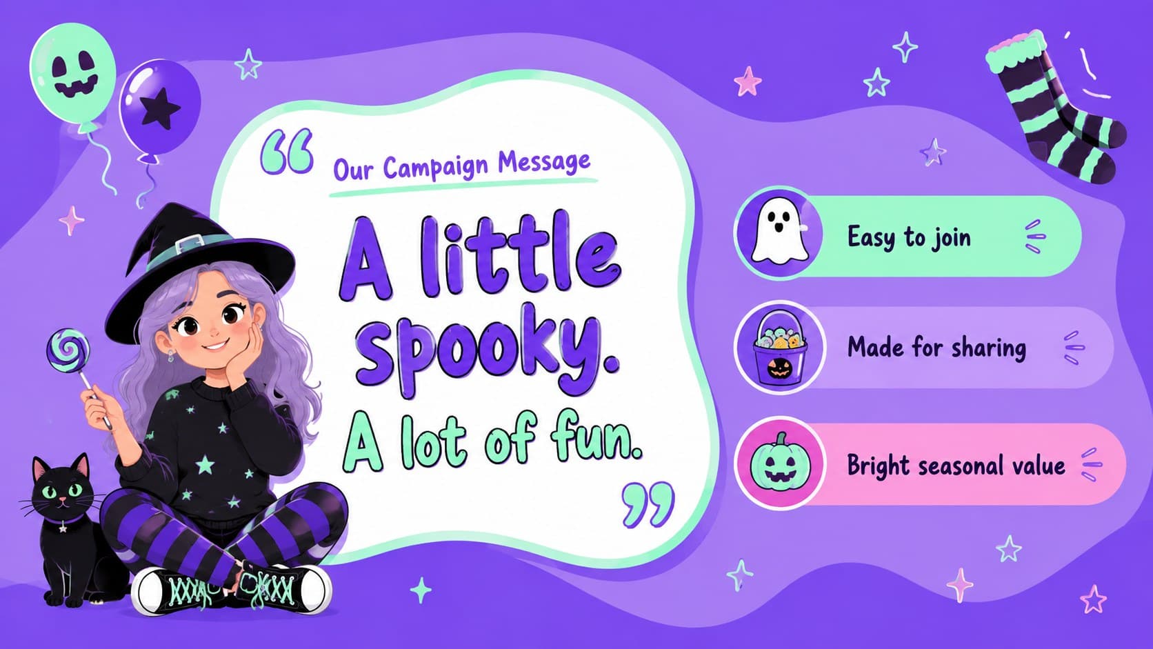 Spooky season messaging slide presenting a playful campaign promise and supporting themes.