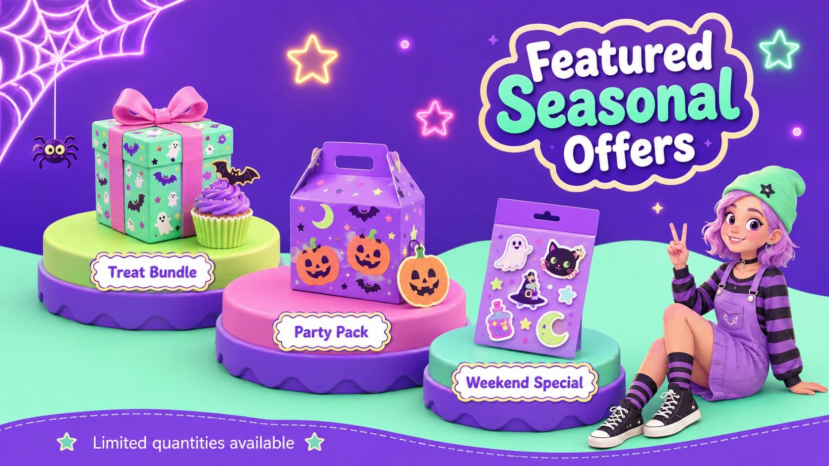 Cute Halloween product launch presentation slide showing three seasonal promotional offers.