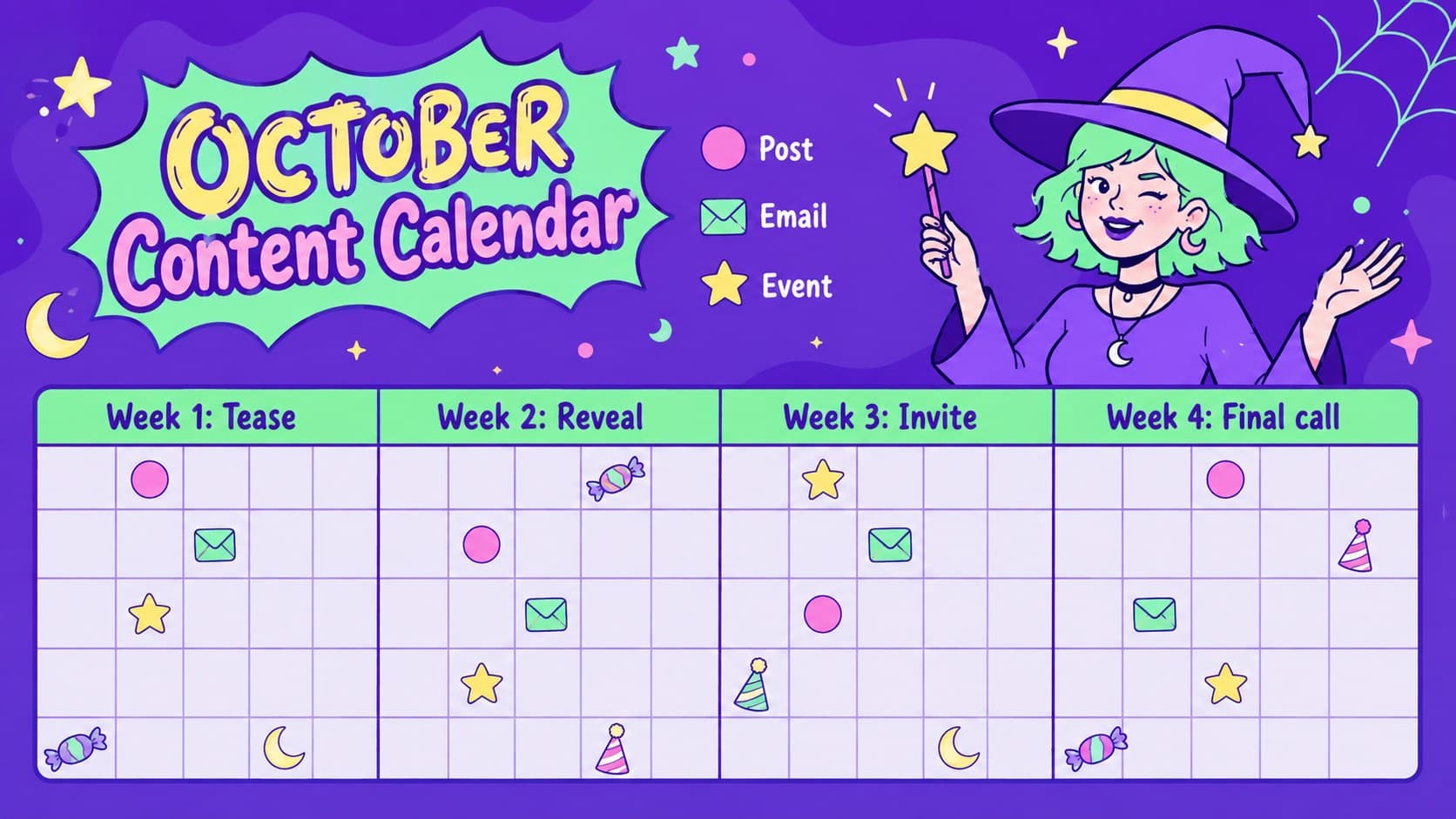 October promotional calendar slide organizing teaser, launch, event, and final-call content.