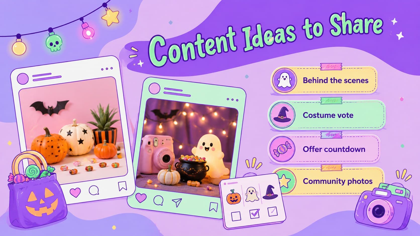 Spooky season social media strategy template slide with four Halloween content concepts.