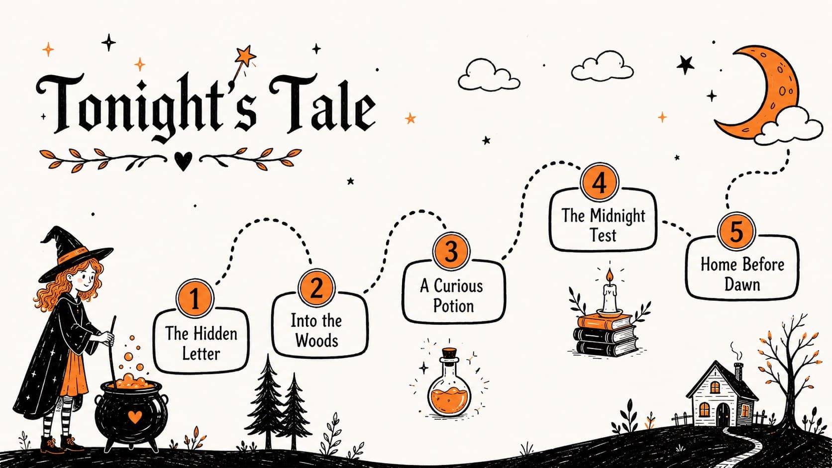Spooky spellbook presentation agenda featuring five story chapters with playful orange and black doodles.