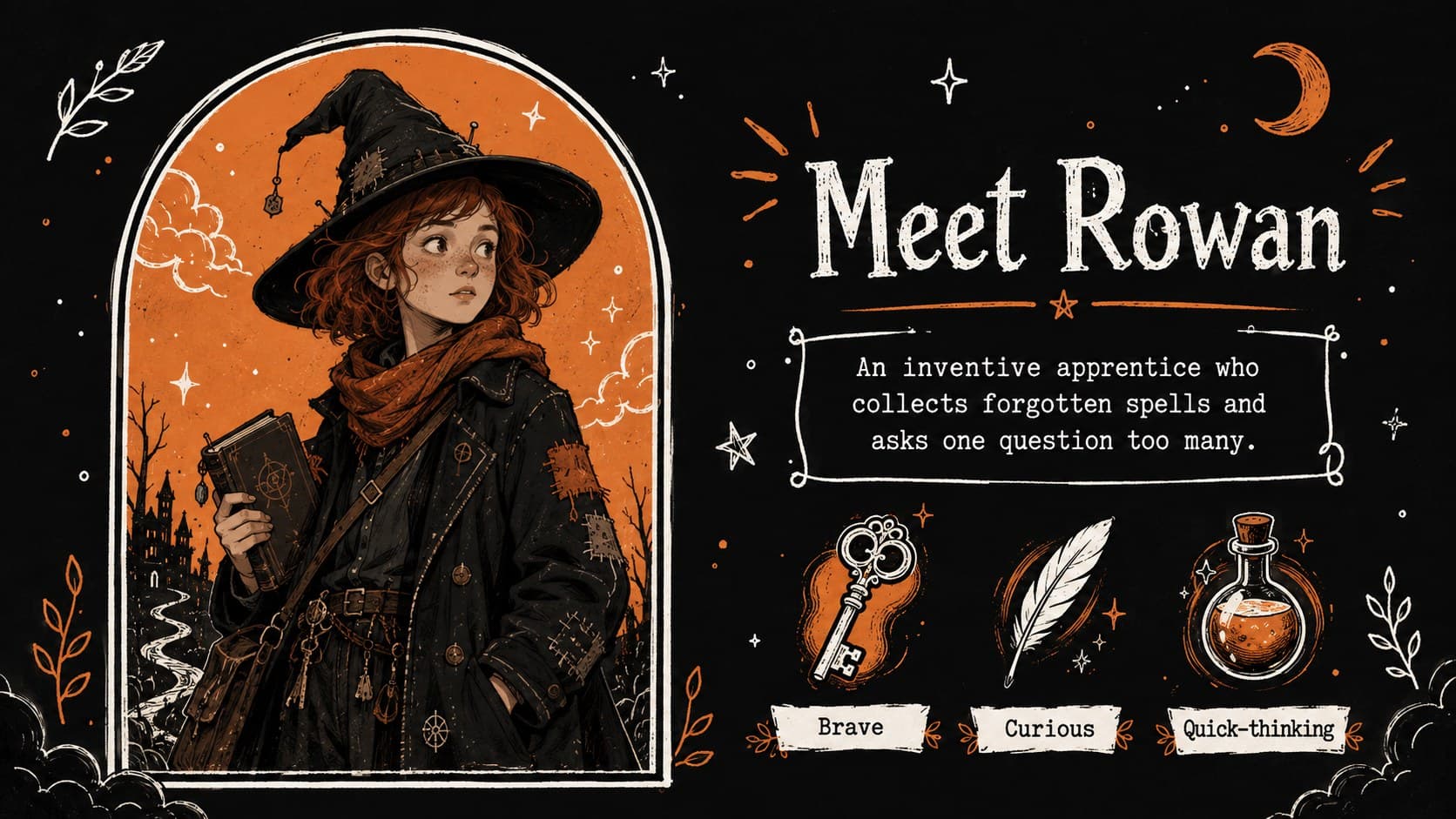 Witch themed classroom slide introducing Rowan, an original young spellbook keeper.