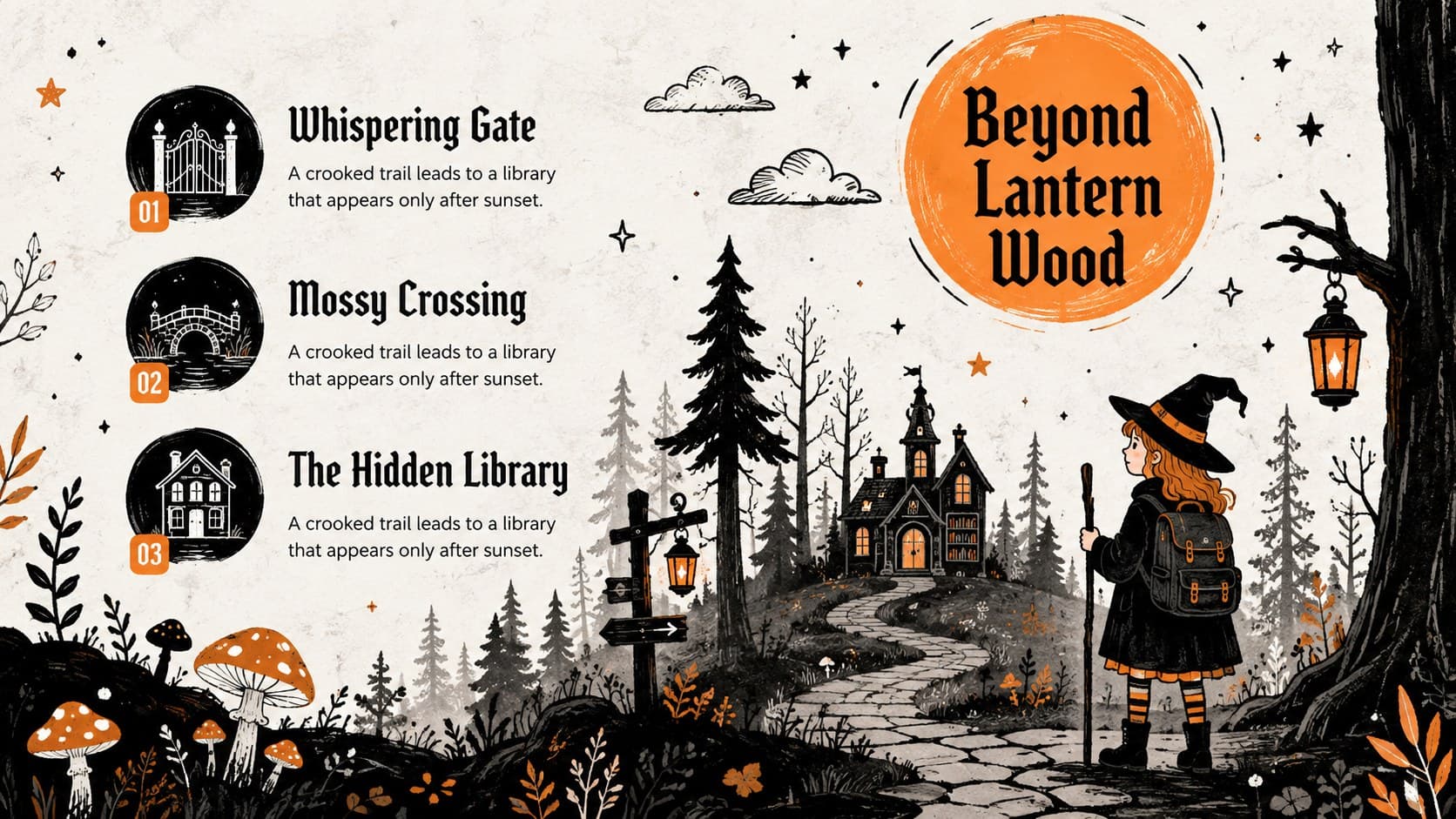 Illustrated witch tale PowerPoint slide showing an enchanted forest setting in black, white, and orange.