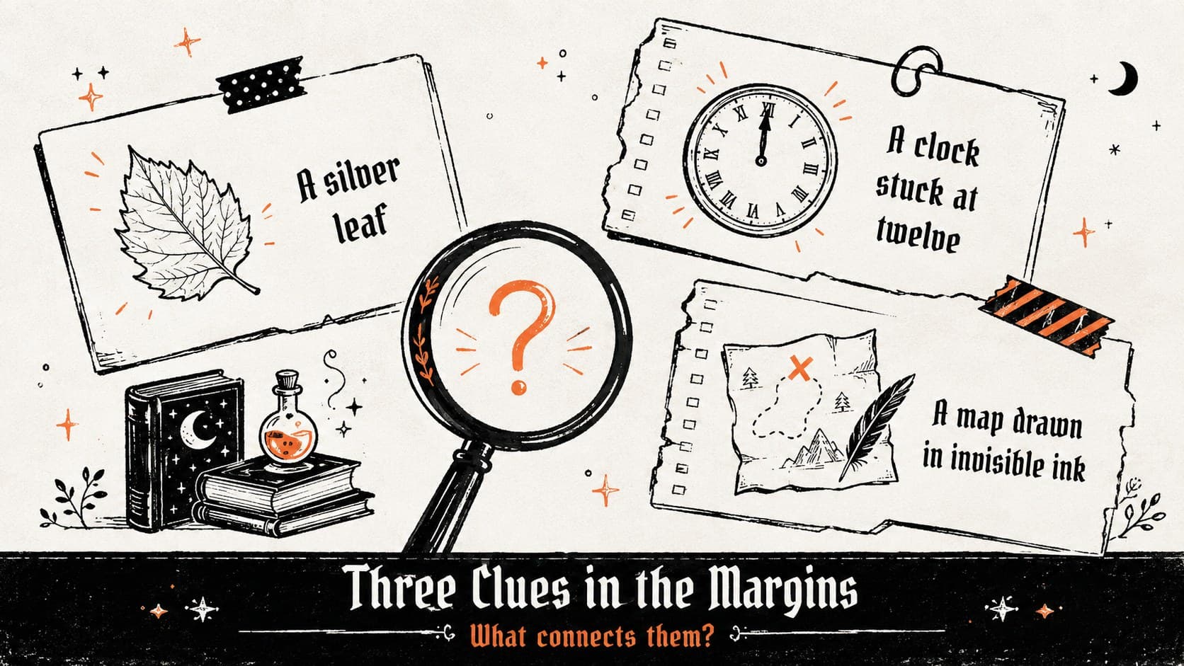 Magic story lesson presentation slide displaying three clues from a mysterious spellbook.