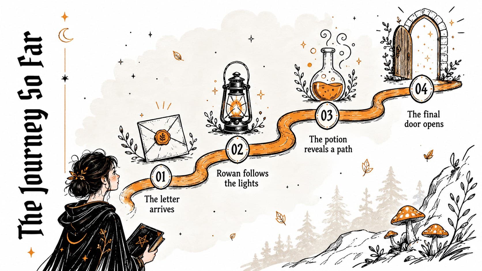 Orange black doodle slide deck page with a four-step magical story timeline.
