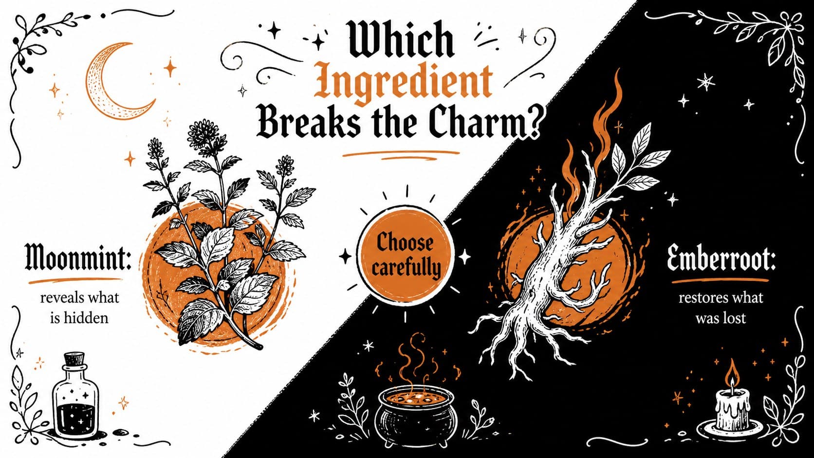 Cute Halloween story presentation slide comparing two possible potion ingredients.