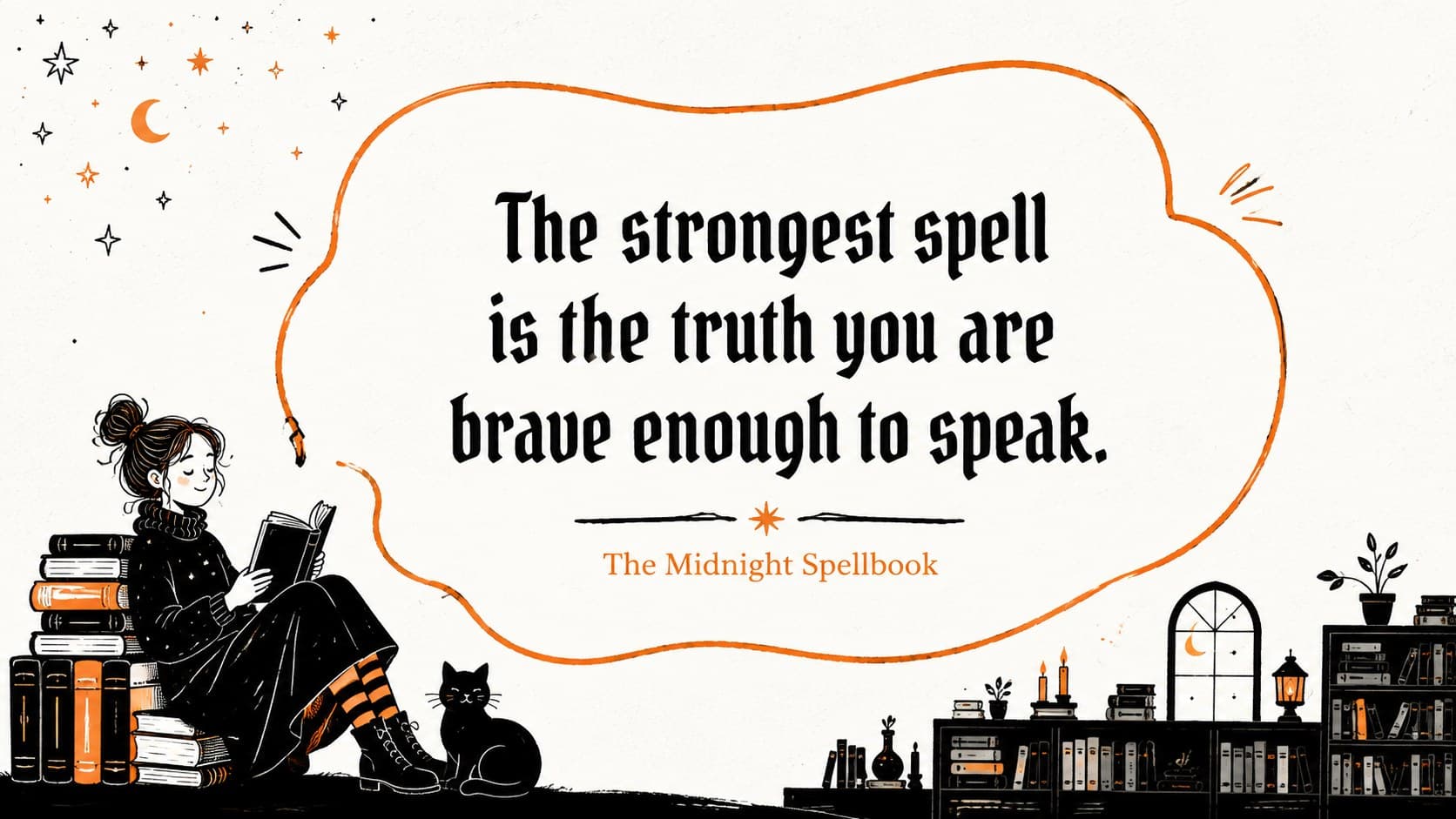 Playful Halloween Google Slides theme page featuring a dramatic story quotation and magical doodles.