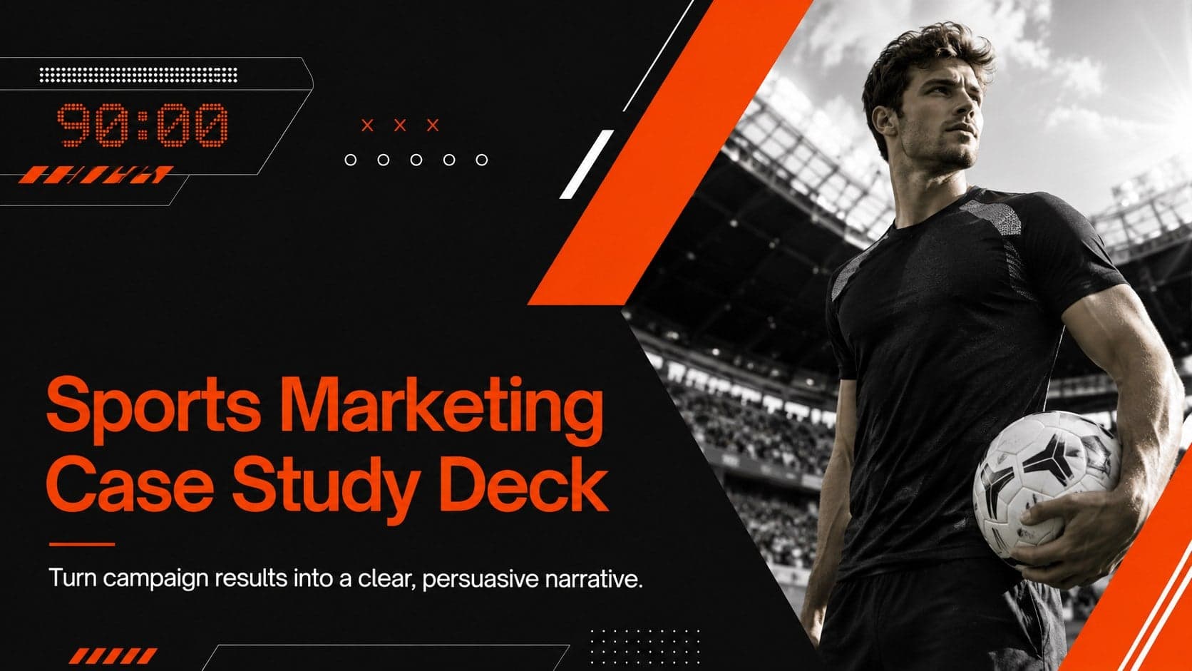 Cover of a bold orange sports marketing case study deck featuring dynamic stadium photography and modern typography.
