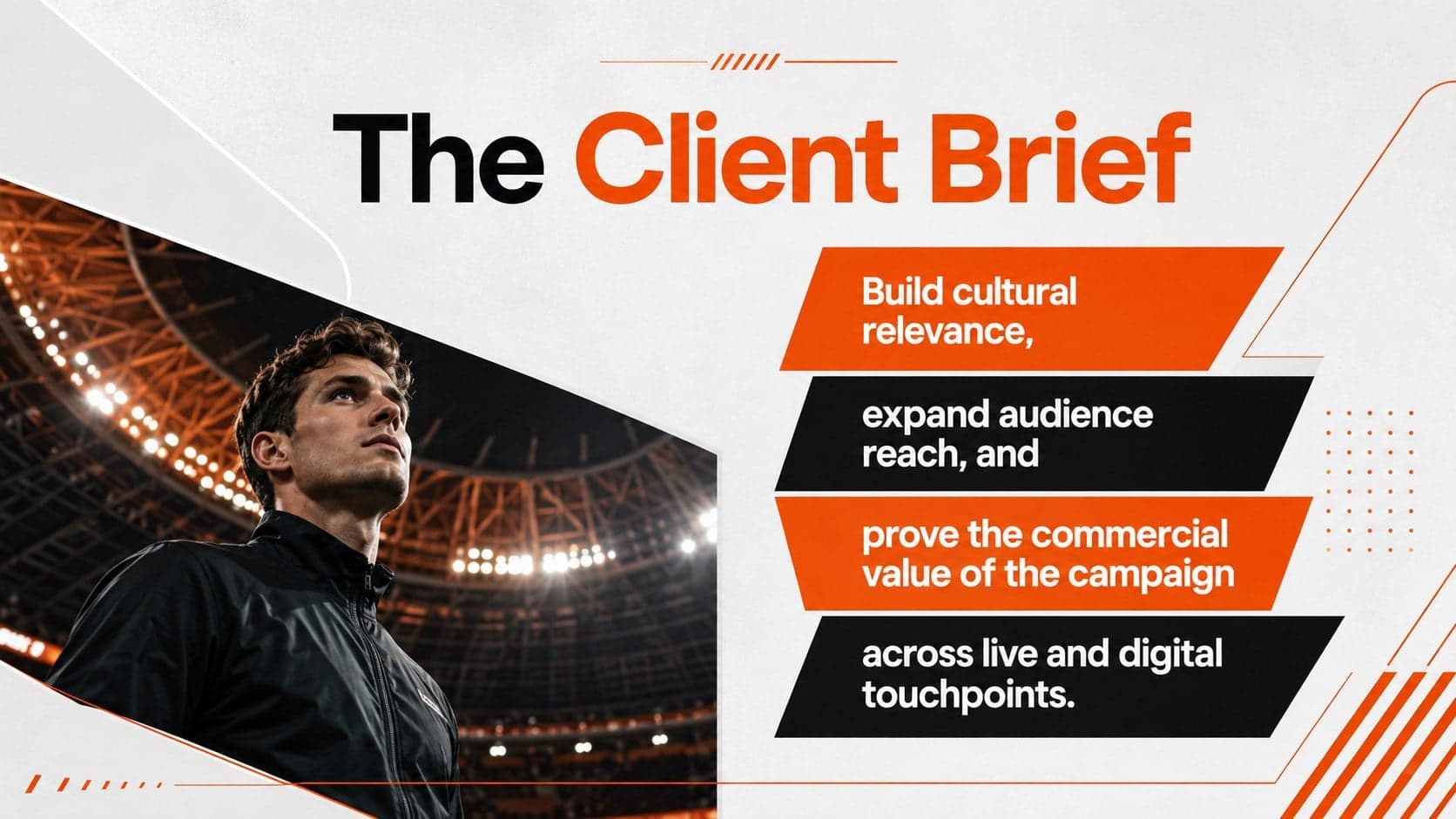 Sports brand case study slide outlining a client brief with objectives, market context, and campaign scope.