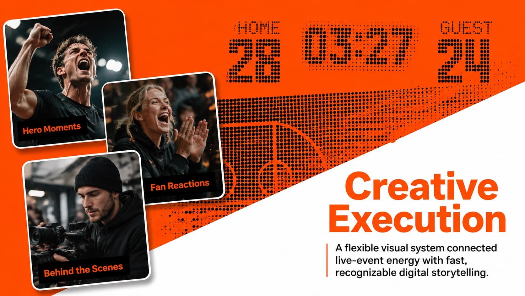 Creative execution slide displaying original sports campaign concepts for digital content and live events.