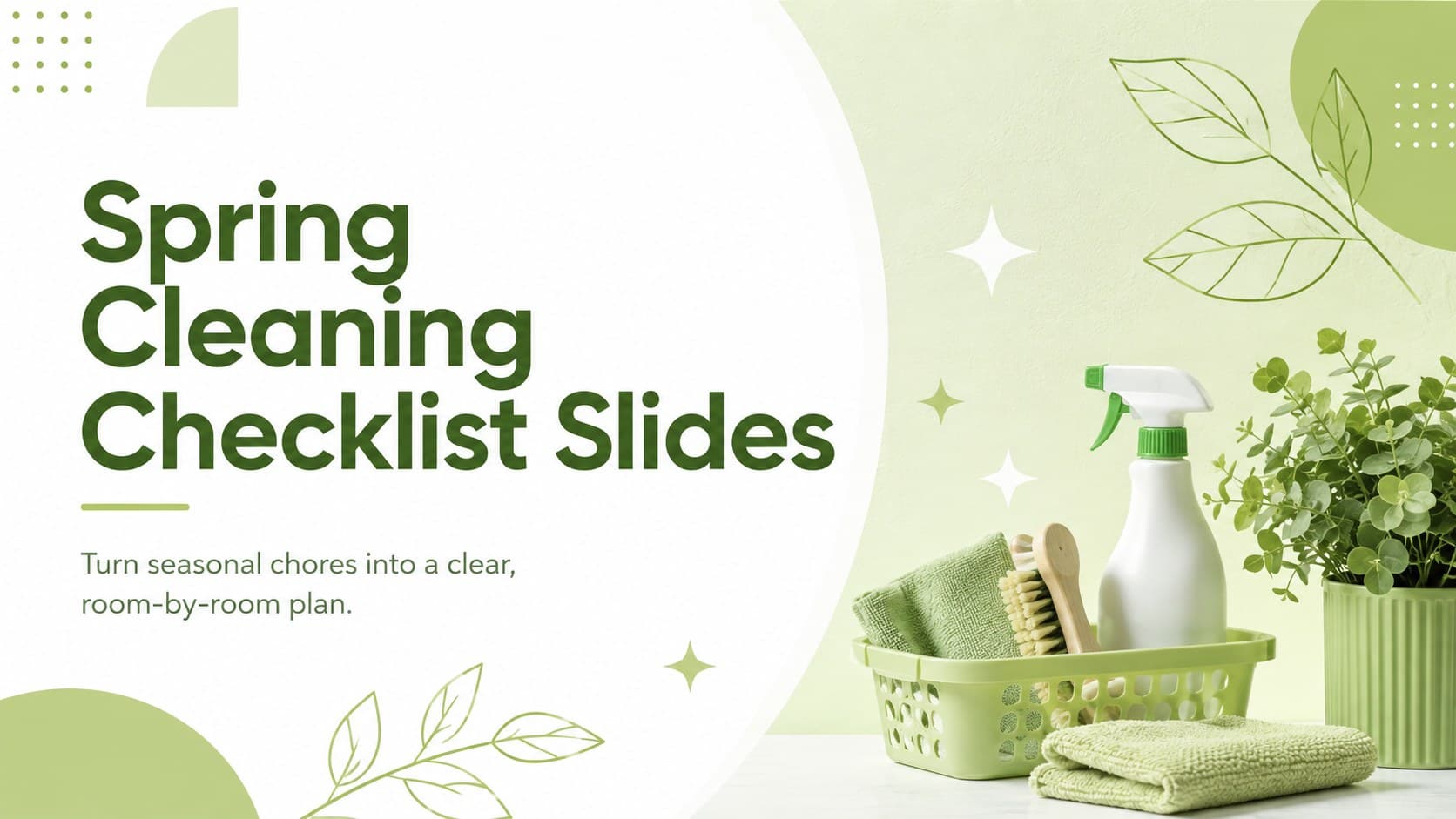 Cover for Spring Cleaning Checklist Slides featuring a fresh green-and-white minimalist home organization design.