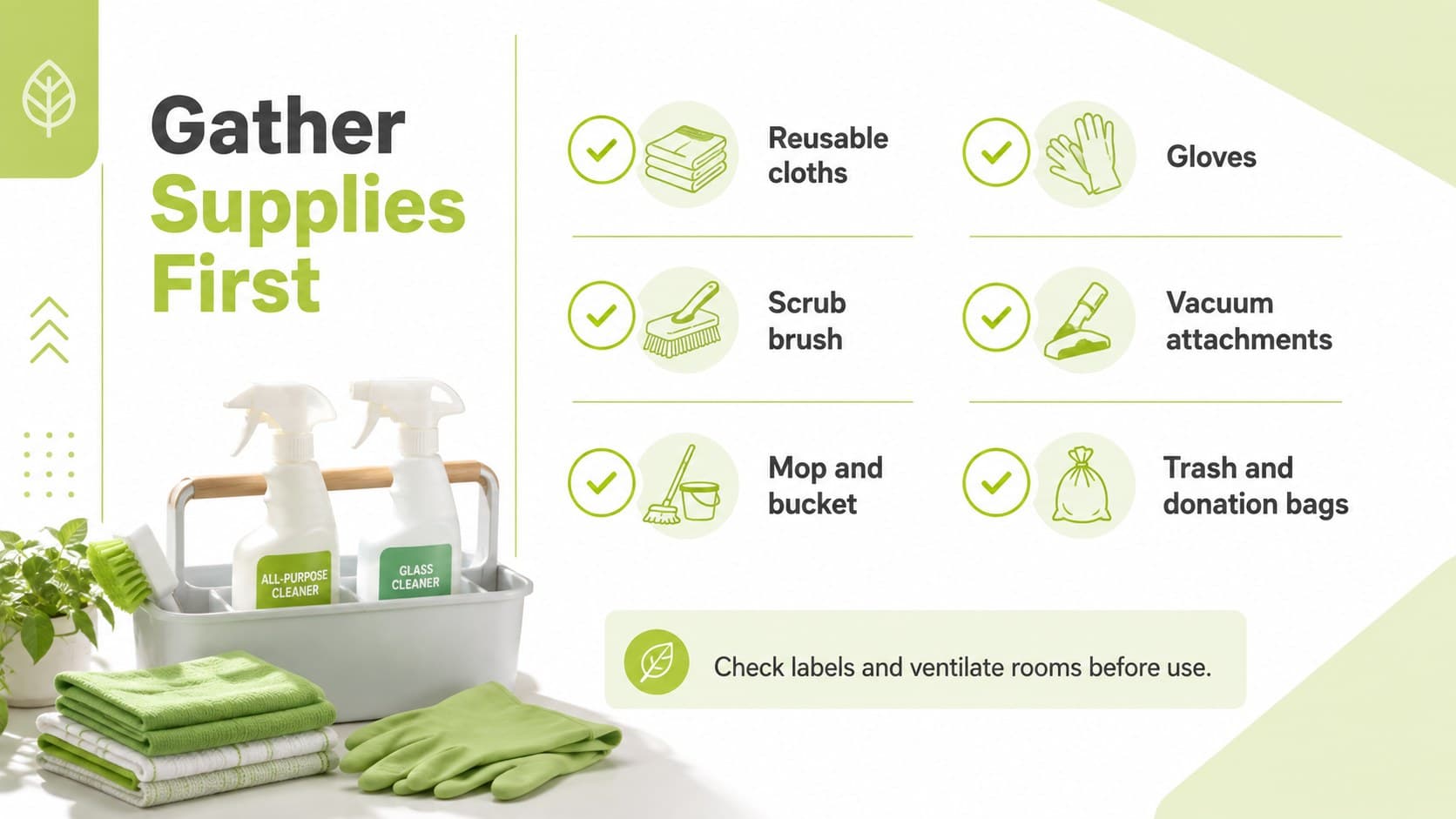 Green minimalist cleaning supplies checklist slide with grouped tools and preparation tasks.