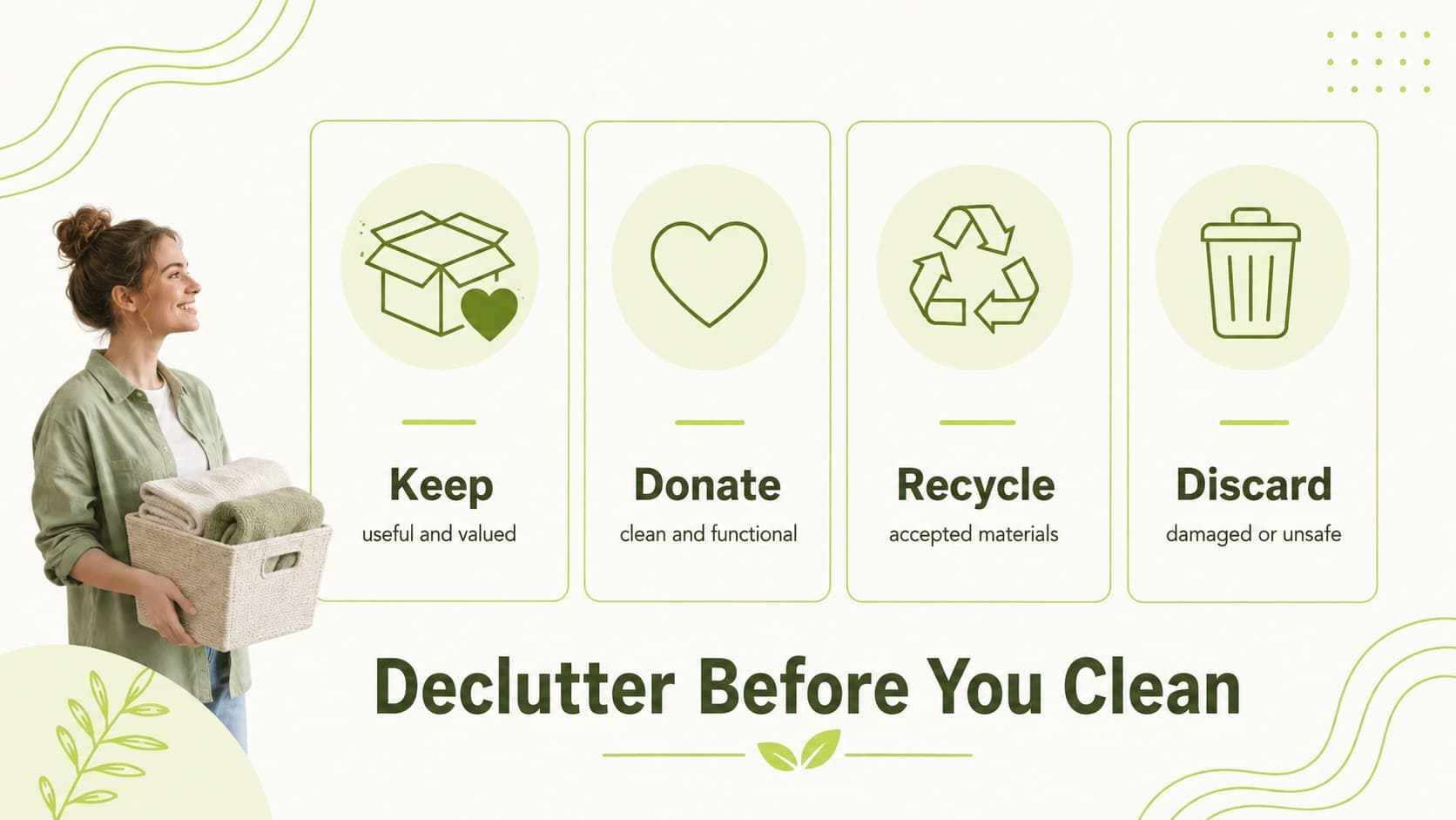 Decluttering checklist PowerPoint template slide showing keep, donate, recycle, and discard categories.