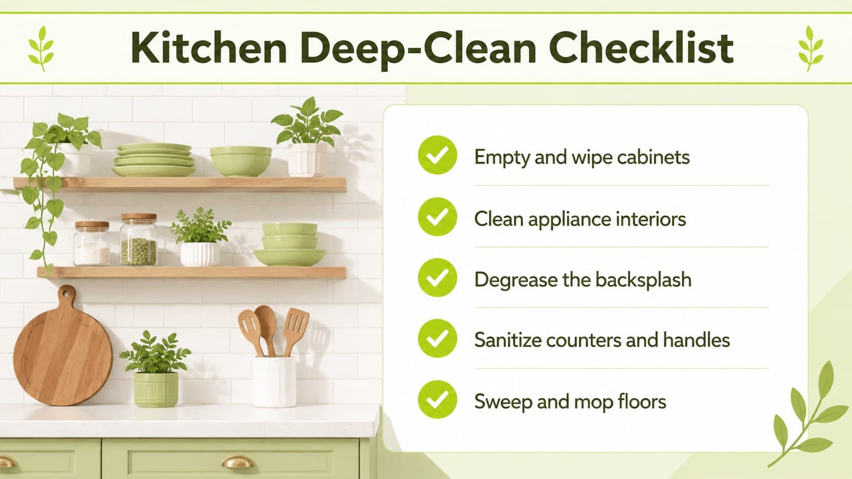 Kitchen spring cleaning checklist slide covering appliances, cabinets, counters, and floors.