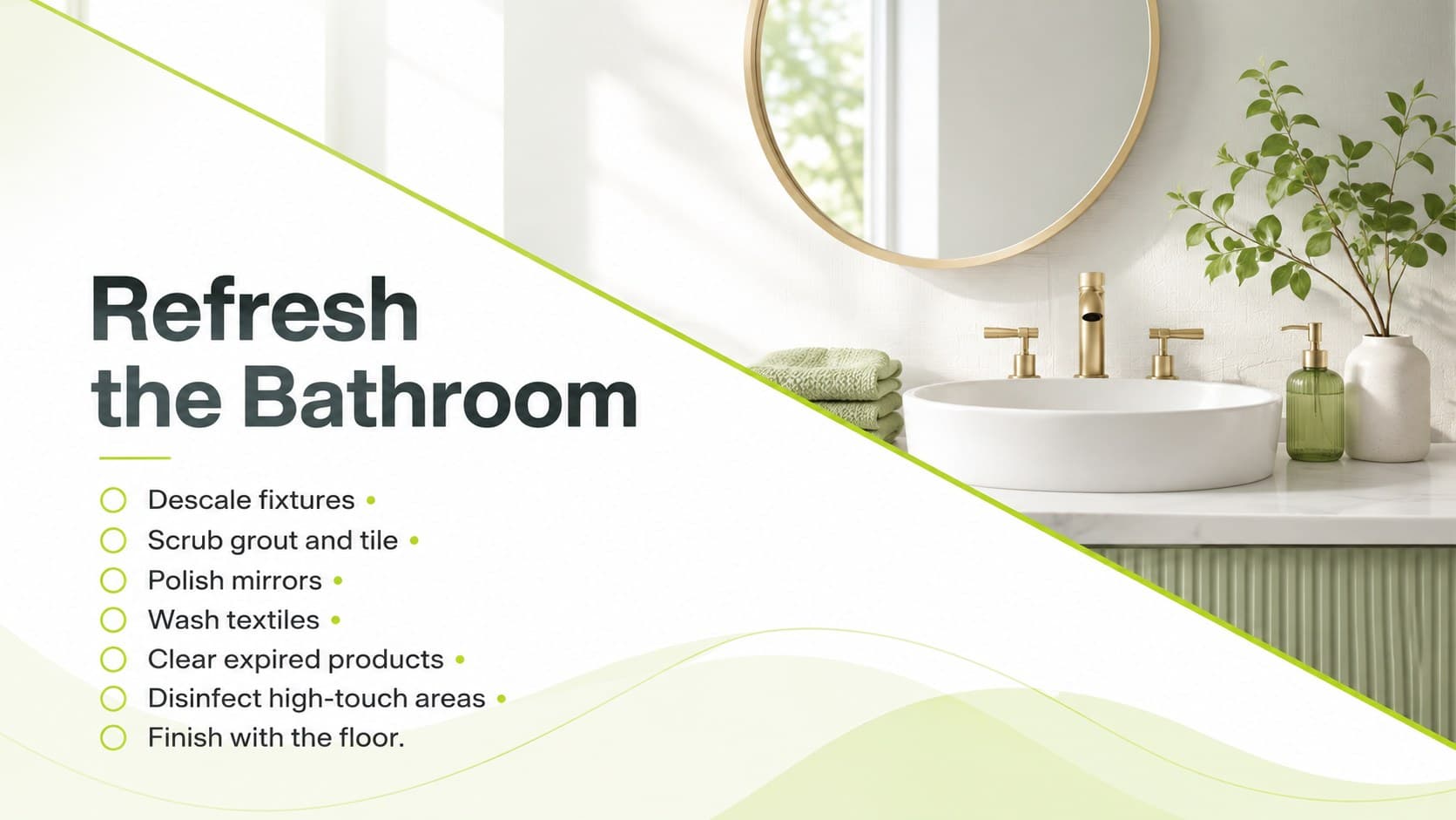 Bathroom seasonal cleaning plan slide with tasks for fixtures, grout, mirrors, storage, and floors.