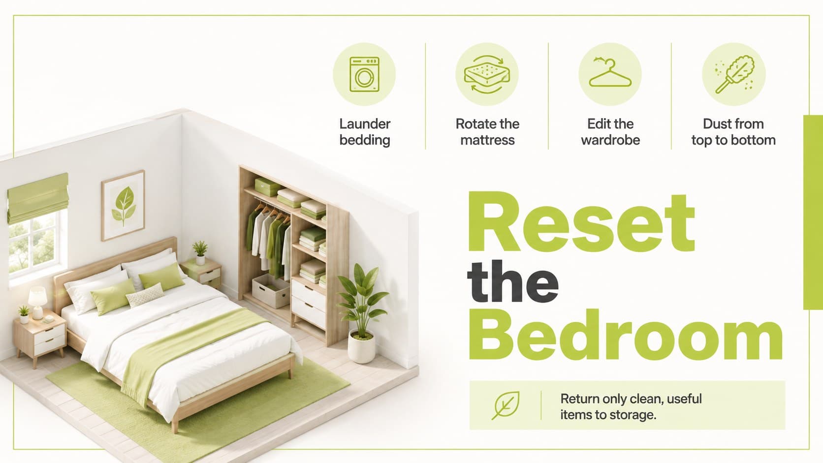 Bedroom home organization presentation template slide focused on linens, closets, dusting, and storage.