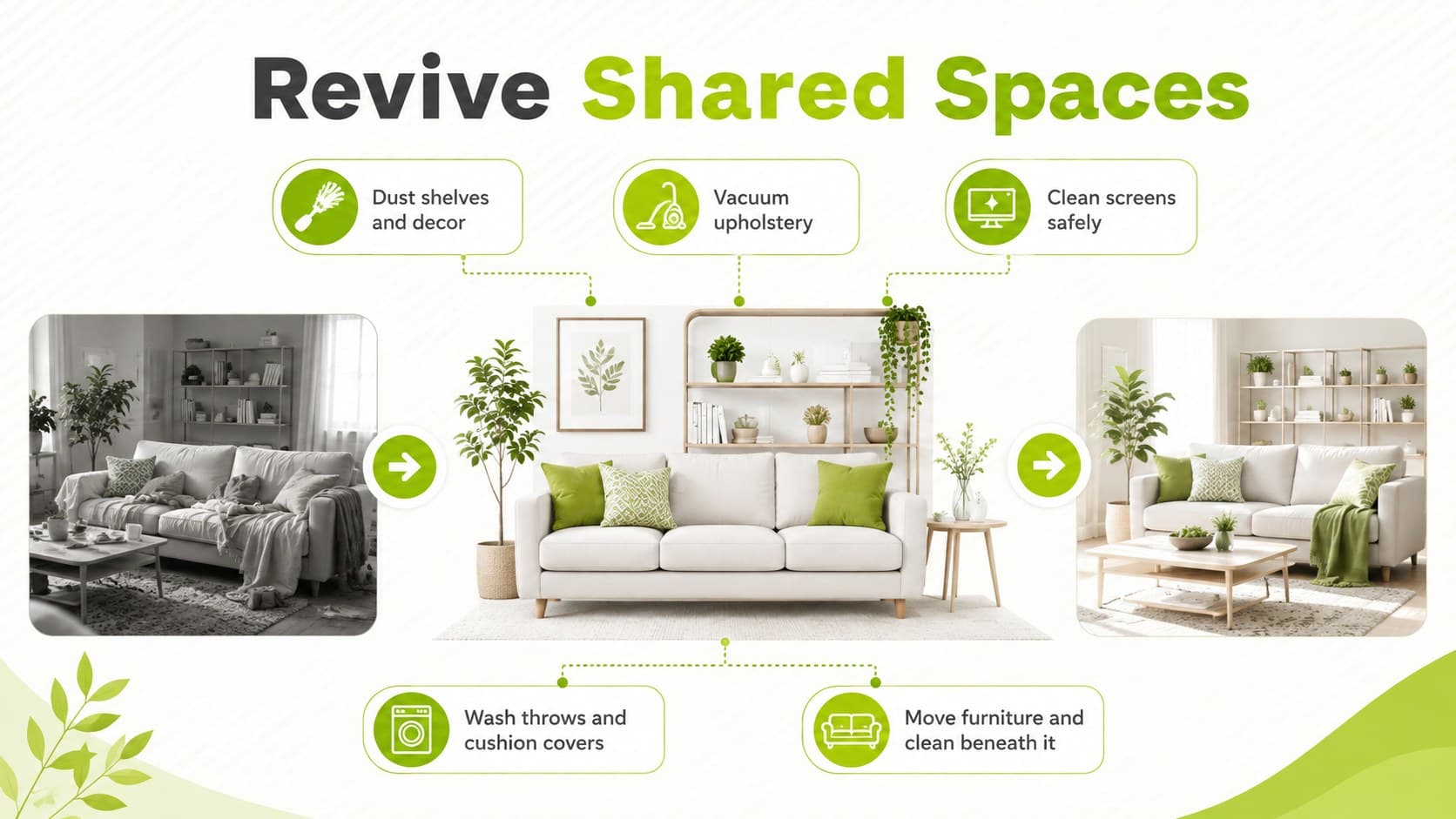 Living room spring home reset presentation slide with dusting, upholstery, electronics, and floor tasks.