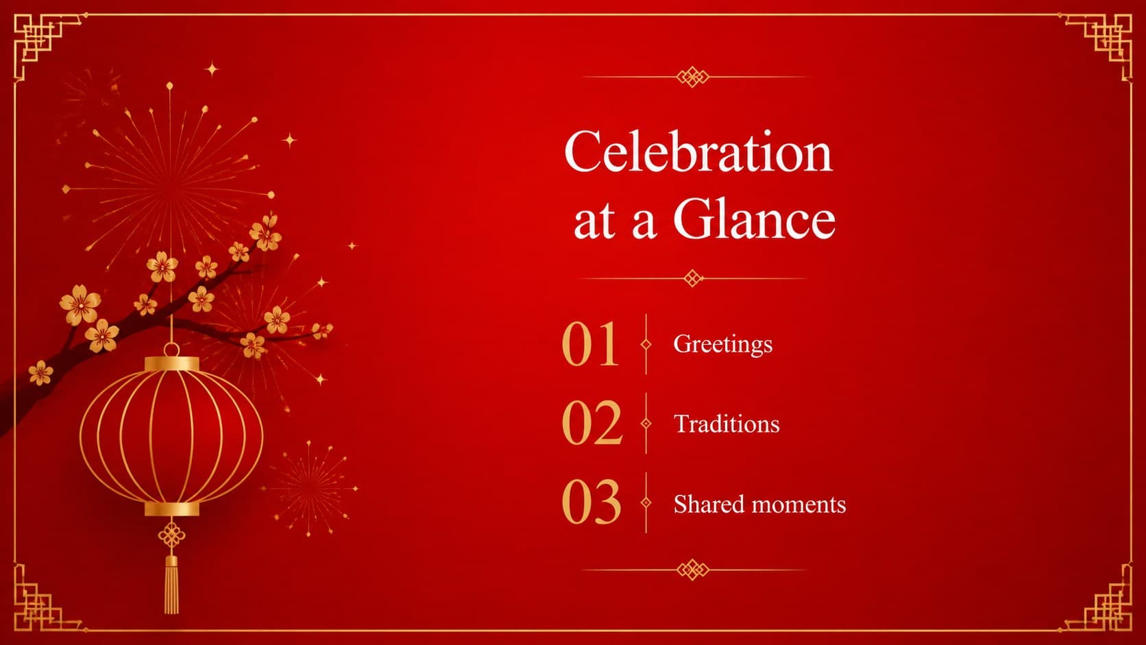 Spring festival presentation agenda showing a three-part celebration program in red and gold.