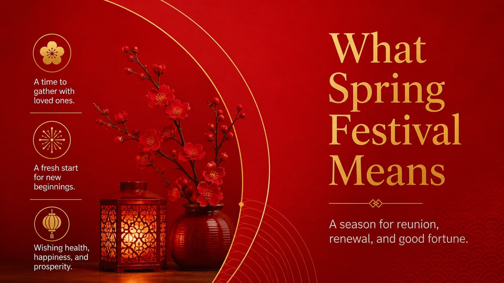 Lunar New Year presentation slide introducing Spring Festival traditions with gold geometric accents.