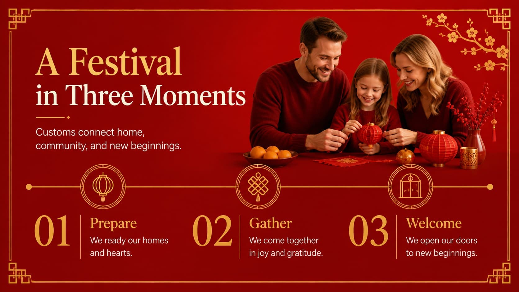 Chinese culture slideshow with a visual timeline of Spring Festival customs.