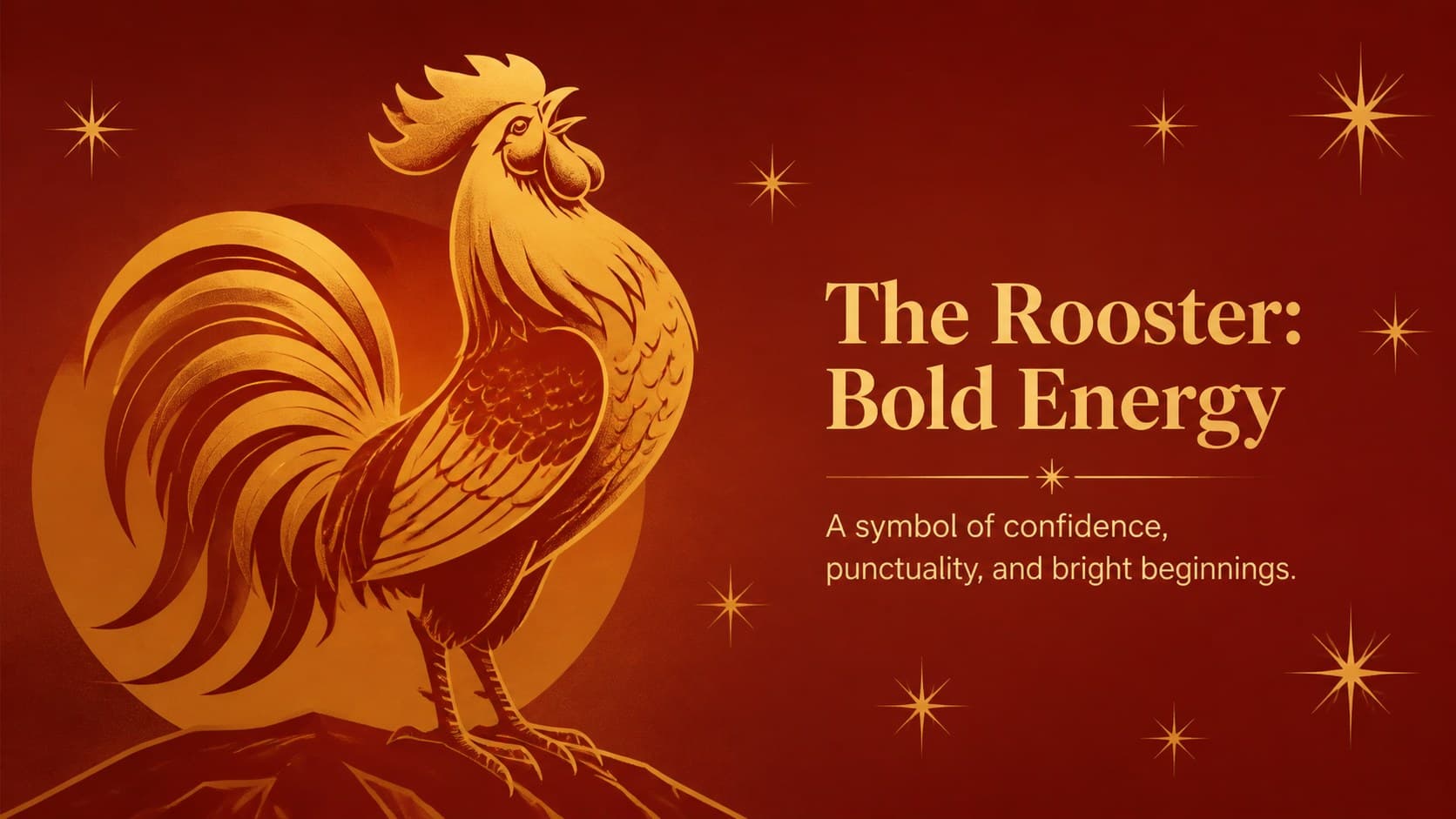 Rooster zodiac presentation slide explaining the symbolism of courage and energy.