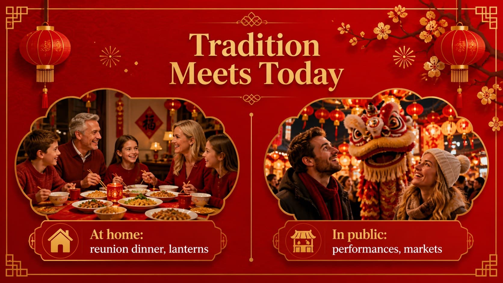 Red and gold cultural presentation slide comparing traditional and modern celebrations.